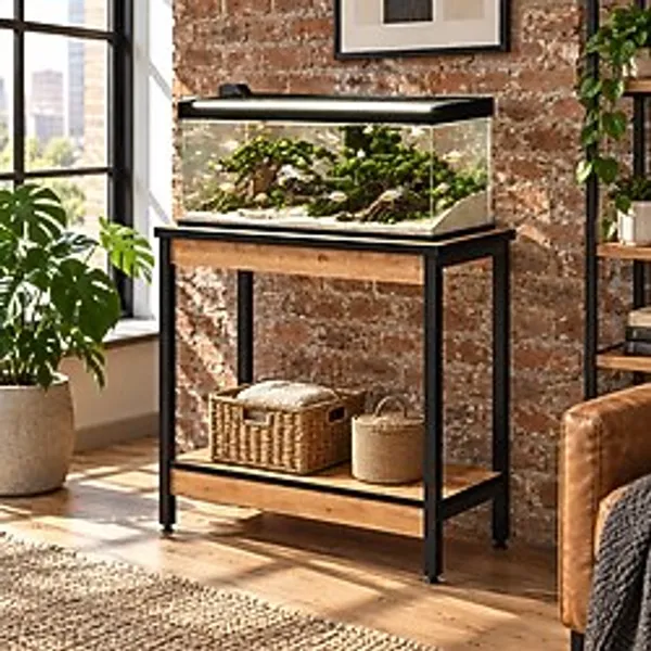 POZİTİF HIRDAVAT Aqua Line Akvaryum Sehpası 80x40 cm Çam Rengi Siyah Metal Ayaklı İki Raflı Yan Sehpa