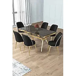 Prah Serisi 90X160 Lak Panel Antrasit Ironi Gold Ayak Masa Takımı 6 Siyah Sandalye