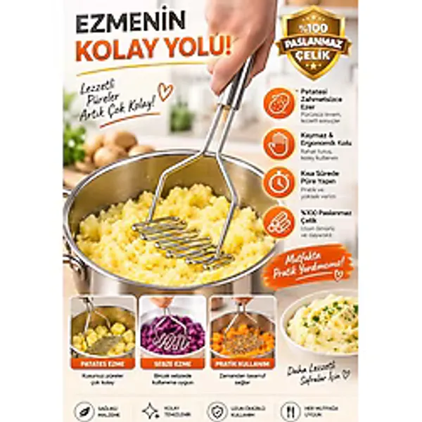 Pratik 24 cm Lüks Paslanmaz Metal Patates Ezici Patates Ezici Püre Yapıcı(Renkli Sap) - Beyaz