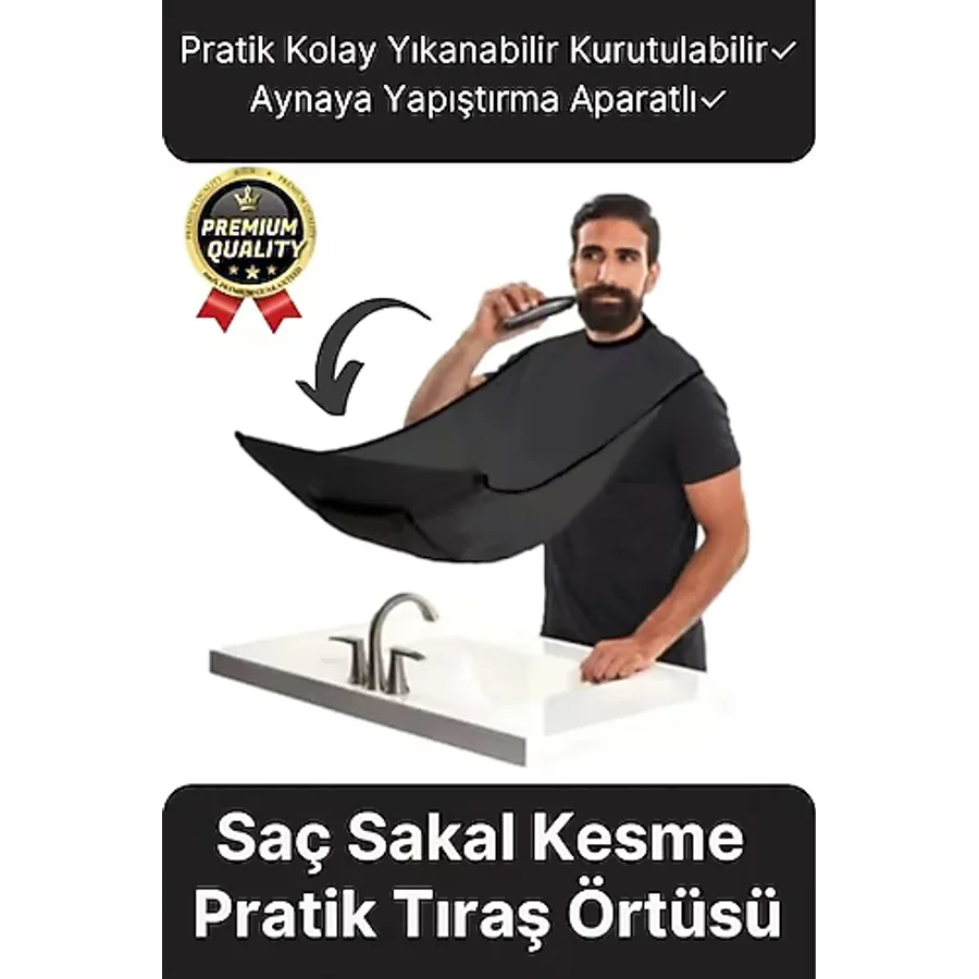 Pratik Hijyenik Vakumlu Aynaya Yapıştırma Aparatlı Siyah Kesme Örtüsü Evde Saç Sakal Tıraş Önlüğü