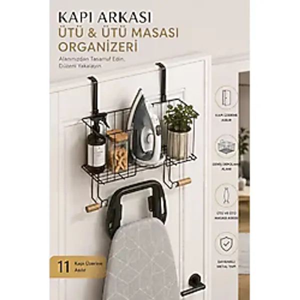 Premini Pratik Kapı Arkası Ütü Askısı ve Organizer, Kolay Montaj, Düzenleyici - Mat Siyah - Seçenek 1