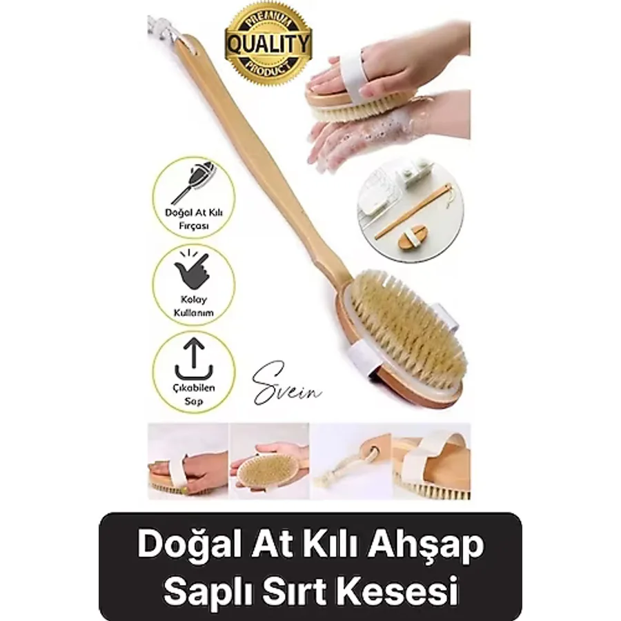Premium %100 Doğal At Kılı Banyo Fırçası Ahşap Saplı Selülit Önleyici Yumuşak Vücut Masaj Sırt Kese