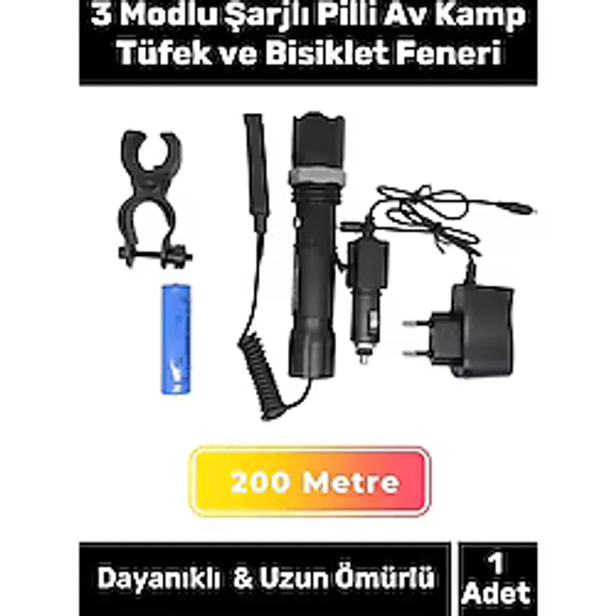 Premium 200 Metre Menzilli Beyaz Işıklı 3 Modlu Şarjlı Pilli Av Kamp Tüfek ve Bisiklet Feneri