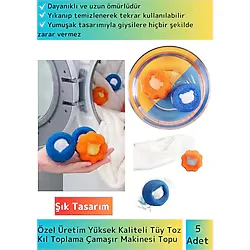 Premium Çamaşır Makinesi Tüy Toz Kıl Toplama Topu Temizlenebilir&Tekrar Kullanılabilir 5 Adet