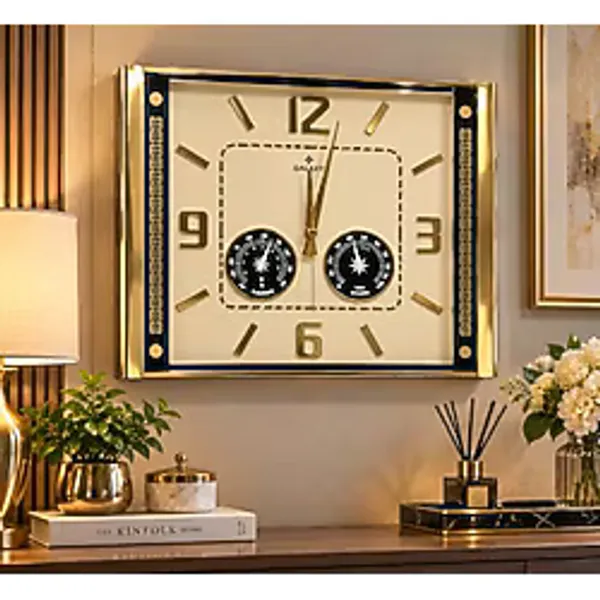 Premium Dekoratif Duvar Saati - Modern Kare Tasarım, Termometre ve Higrometre Göstergeli, Salon, Ofis ve Ev Dekorasyonu İçin Şık Duvar Saati Sarı