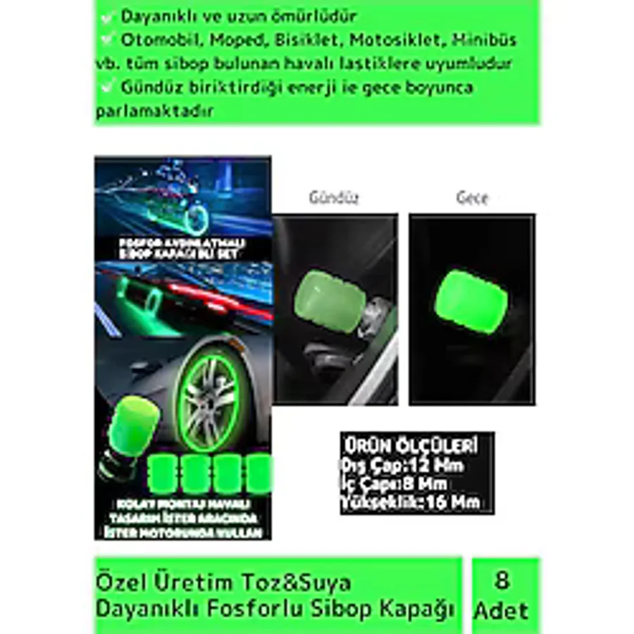 Premium Fosforlu Yeşil Sibop Kapağı Otomobil Bisiklet Motosiklet, Minibüslerle Uyumlu 8'li