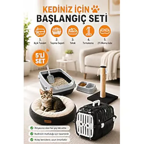 Premium Kedi Başlangıç Seti - Açık Kedi Tuvaleti, Taşıma Sepeti, Peluş Simit Yatak, Tırmalama Tahtası, İkili Mama Kabı, Kürek - AT8