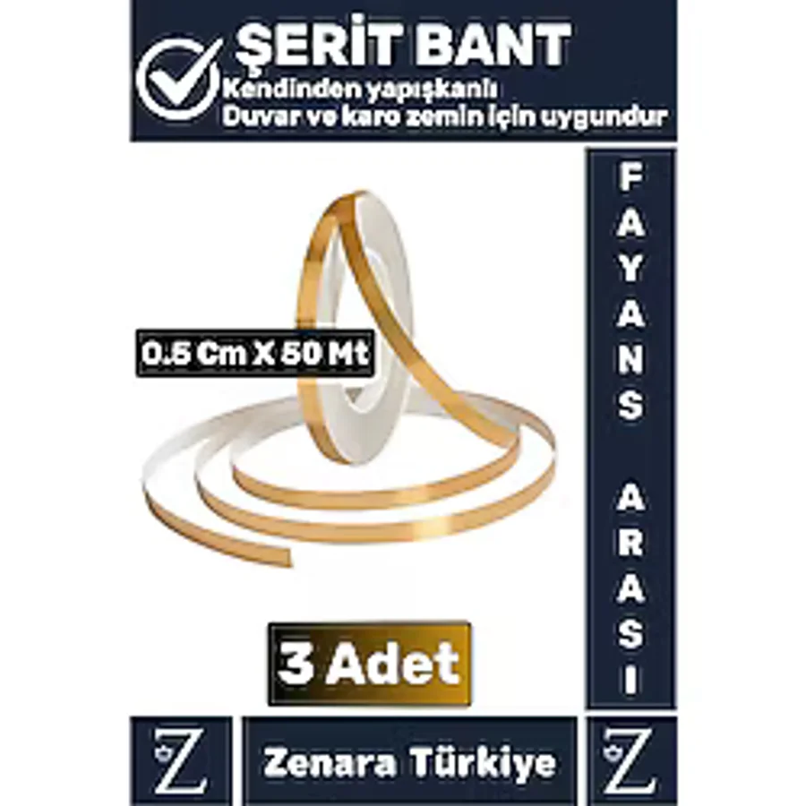 Premium Kendinden Yapışkanlı Su Geçirmez Fayans Arası Gold Şerit Derz Bant 0.5 cm x 50 Metre 3 Adet