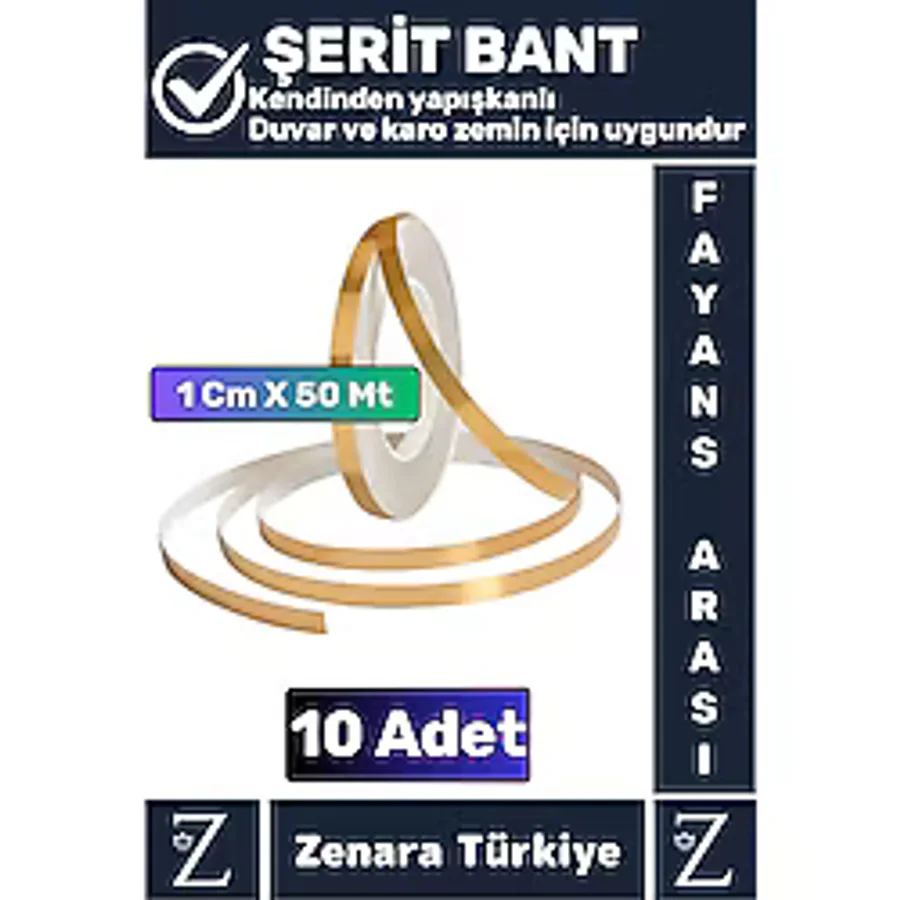 Premium Kendinden Yapışkanlı Su Geçirmez Fayans Arası Gold Şerit Derz Bant 1 cm x 50 Metre 10 Adet