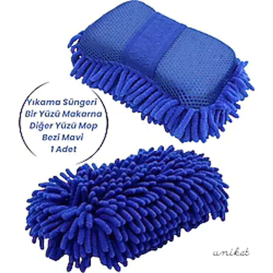 Premium Mikrofiber Araba Yıkama Süngeri Bir Yüzü Makarna, Diğer Yüzü Mop Bezi Mavi 1 Adet
