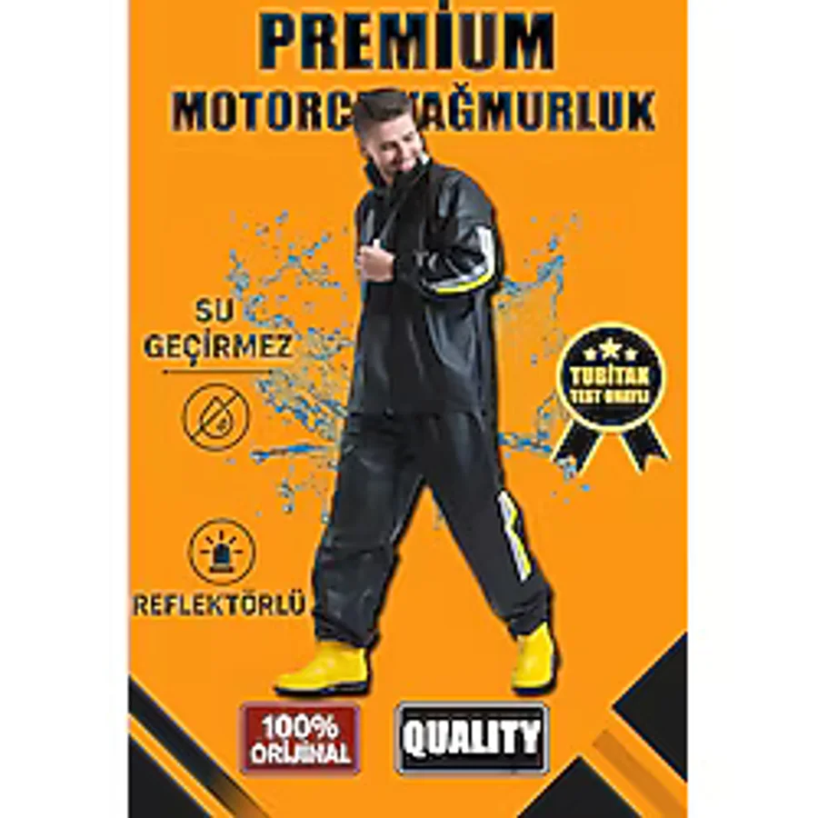 Premium Motorcu Kurye Yağmurluk Takım Su Geçirmez PVC Kumaş Reflektörlü TÜBİTAK Onaylı - Siyah