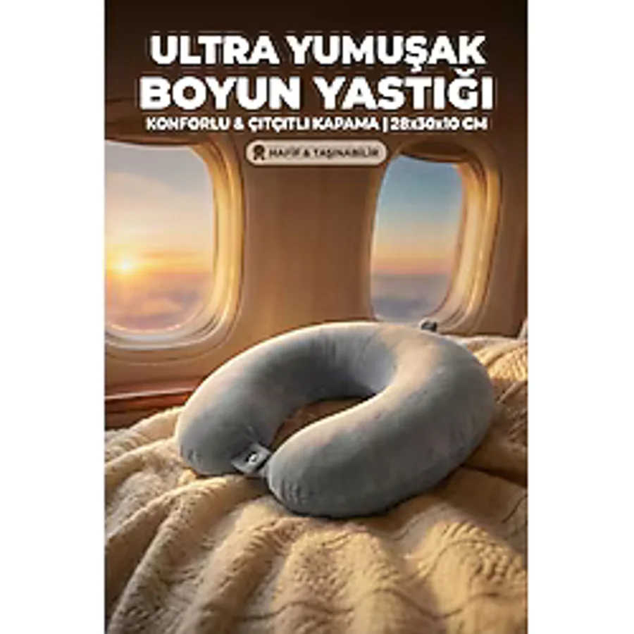 Premium Ortopedik Visco Seyahat Boyun Yastığı - Uçak Araba ve Ofis İçin Destekleyici Konfor - 28 x 30 cm - Gri