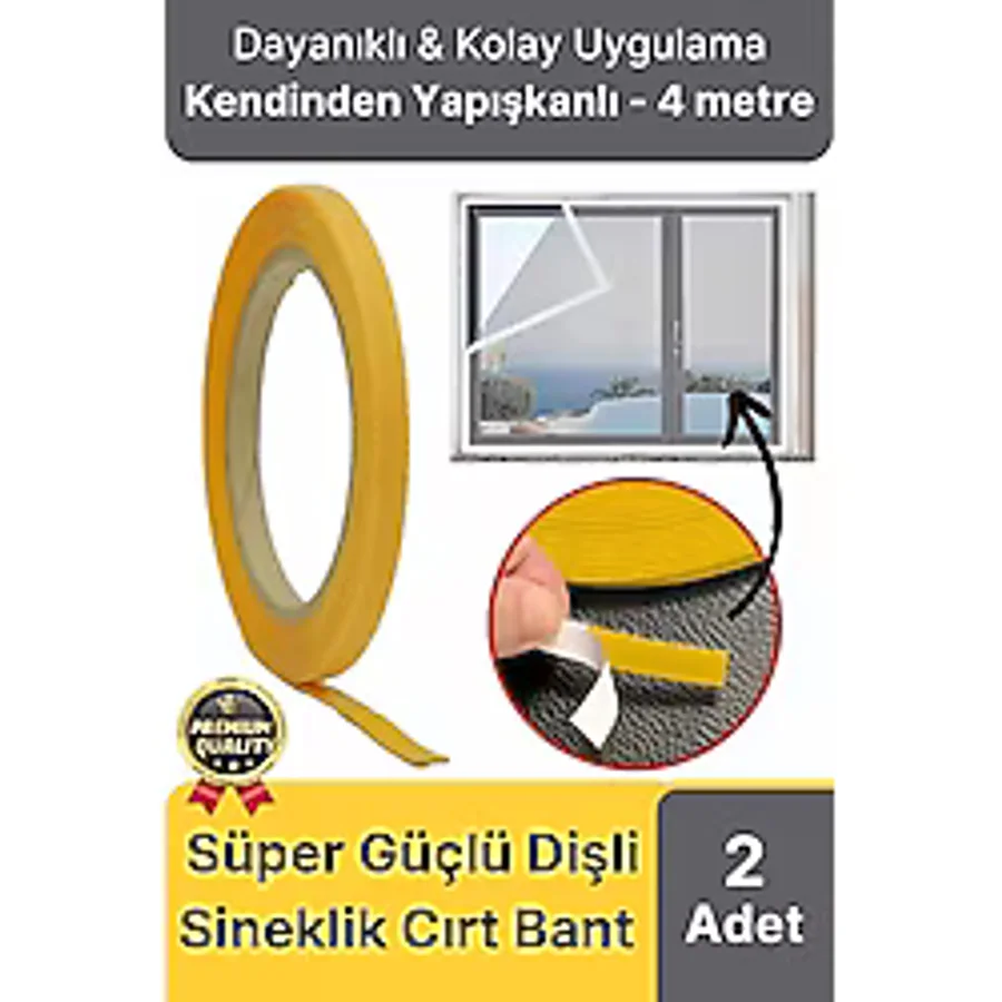 Premium Seri Güçlü Kendinden Yapışkanlı Ahşap Pencere Kapı Sineklik Tülü Yedek 4mt Cırt Bant-2 Adet