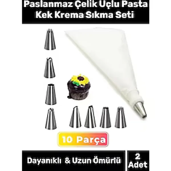Premium Seri Paslanmaz Çelik Uçlu Pasta Kek Süsleme Torbası Krema Sıkma Seti 10 Parça - 2 Adet