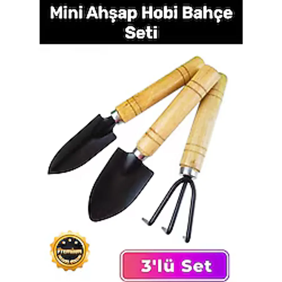 Premium Yüksek Kaliteli Taşınabilir Estetik Ahşap Tırmık Kürek Mini Ahşap Hobi Bahçe Seti 3 Adet
