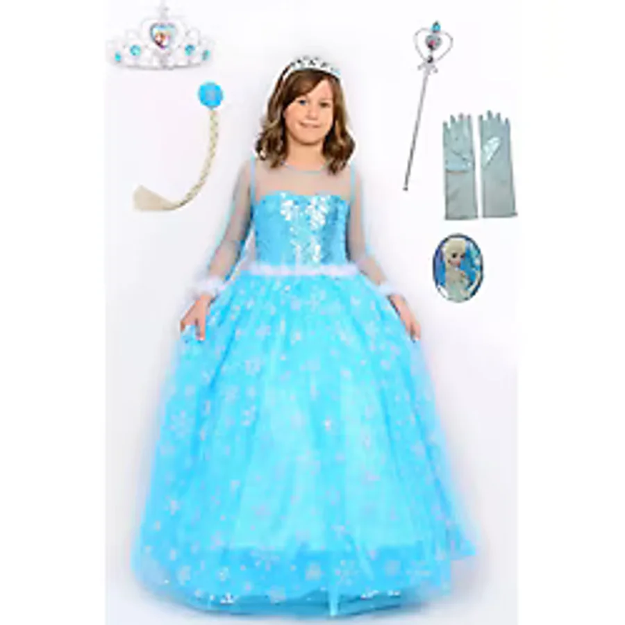 Prenses Elsa Kostümü Uzun Kollu Elsa Kostümü +Taç+Asa+Saç+Eldiven+Rozet 6 lı Set