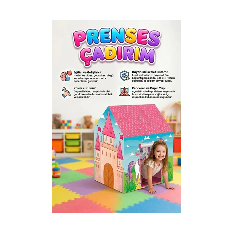 Prenses Ve Unicorn Temalı 100X70cm Kolay Kurulum Dayanıklı Çocuk Oyun Çadırı