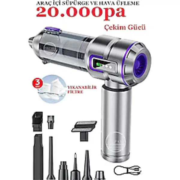 PREPARE Kablosuz Araç İçi Süpürge 20.000PA Basınçlı Üfleme ve Çekme Süpürgesi 12 Parçalı Temizleme Seti Gri