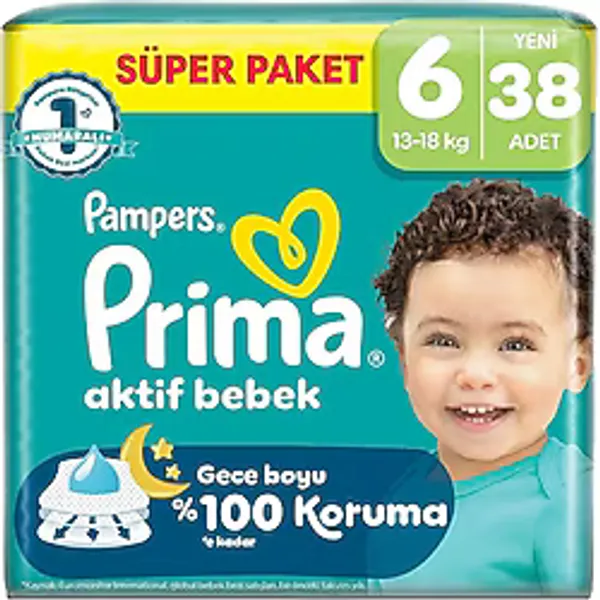 Prima Aktif Bebek 6 Beden Bantlı Bez 38 Adet 13-18 kg Ekstra Yumuşak Gece Koruması