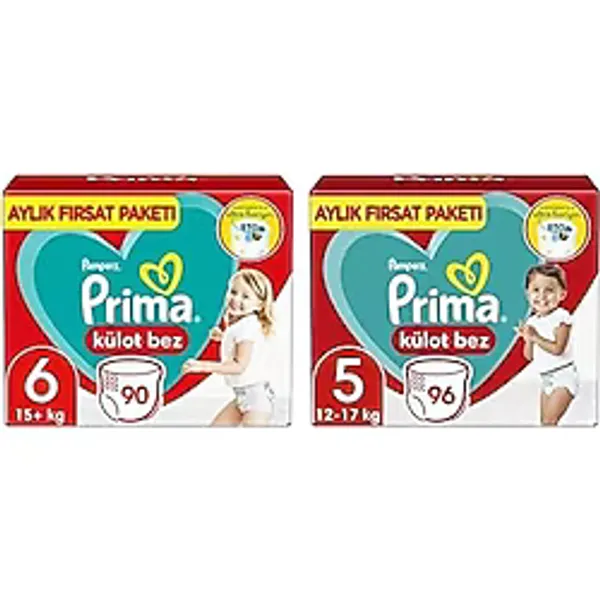 Prima Külot Bez 6 Beden 90 Bebek Bezi 15kg+ & Prima Külot Bez 5 Beden 96 Bebek Bezi 12kg-17kg