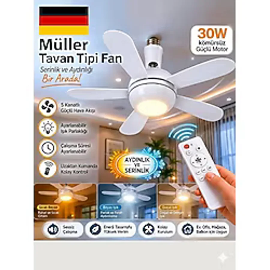Pro Müller 30W Tavan Tipi Fan İç Mekan Kullanımı için 5 Kanatlı Sessiz Motor ve Ayarlanabilir Aydınlatma - Beyaz