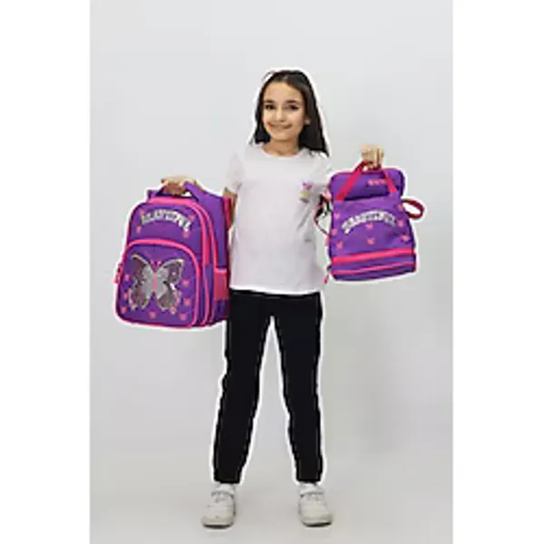 Probag Kelebek Temalı Kız Çocuk 3'lü Okul Çanta Seti - Sırt Çantası + Termal Beslenme Çantası + Kalemlik - 3'lü Paket - Pembe