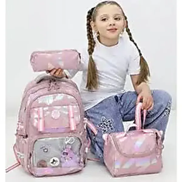 Probag Kız Çocuk Ilkokul 3'lü Okul Çanta Seti - Beslenme Çantalı Kalemlikli Pembe Desenli Sırt Çantası