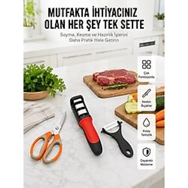 Profesyonel Mutfak Makas Seti - Kesim Makası + Soyacak + Bileyici Yeni Nesil