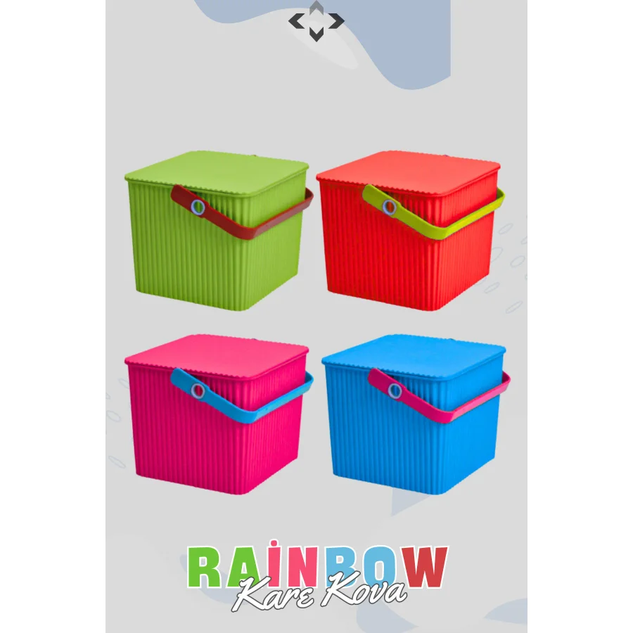 Proff Rainbow Kare Kapaklı Kulplu Piknik Sepeti Düzenleyici 1 Adet Kare Kova Pembe