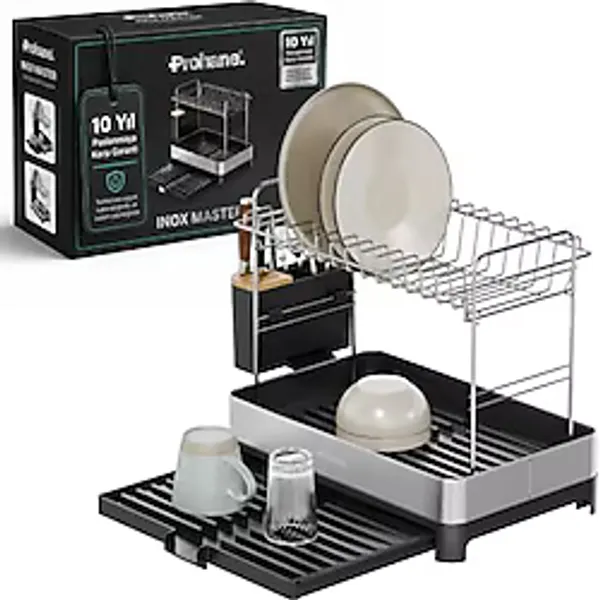 Prohane Inox Master KD400 Genişletilebilir 2 Katlı Bulaşıklık 304 Paslanmaz Çelik Su Tahliyeli Tezgah Üstü Kurutmalık - Siyah