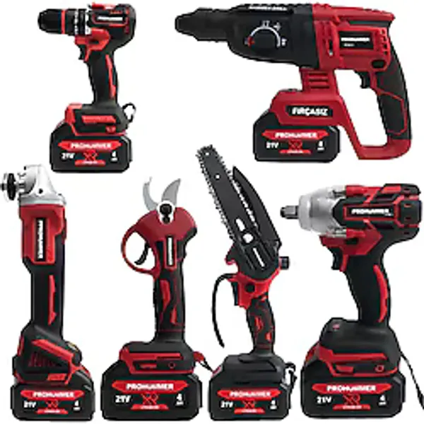 Prohummer PH338 Profesyonel Kömürsüz Akülü Kırmızı 6lı Set - 21V 4ah (Kırıcı Delici, Somun Sıkma, Vidalama, Avuç Taşlama, Dal Budama Makası, Dal Testeresi)