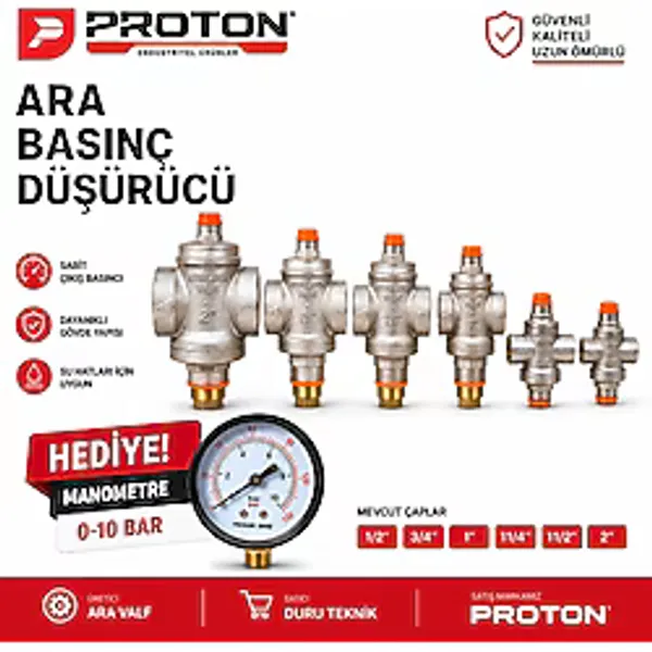 Proton Ara Valf Su Basınç Düşürücü Regülatör - Manometre Hediyeli - 1/2" 3/4" 1" 1 1/4" 1 1/2" 2" Seçenekli - 11/4"