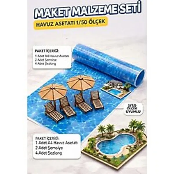 Proton Maket Malzeme Seti 1/50 Ölçek Havuz Asetati 2 Adet Şemsiye 4 Adet Şezlong Mimari Maket Aksesuarı