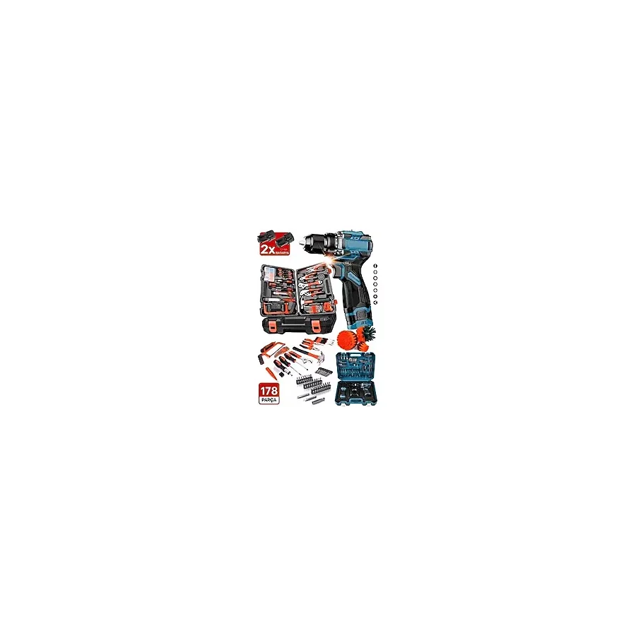 Proxtech Kömürsüz Pro Motor 178 Parça Takım Seti 2 Akülü Matkap, Tornavida, Pense, Lokma, Çekiç, Alet Takımı