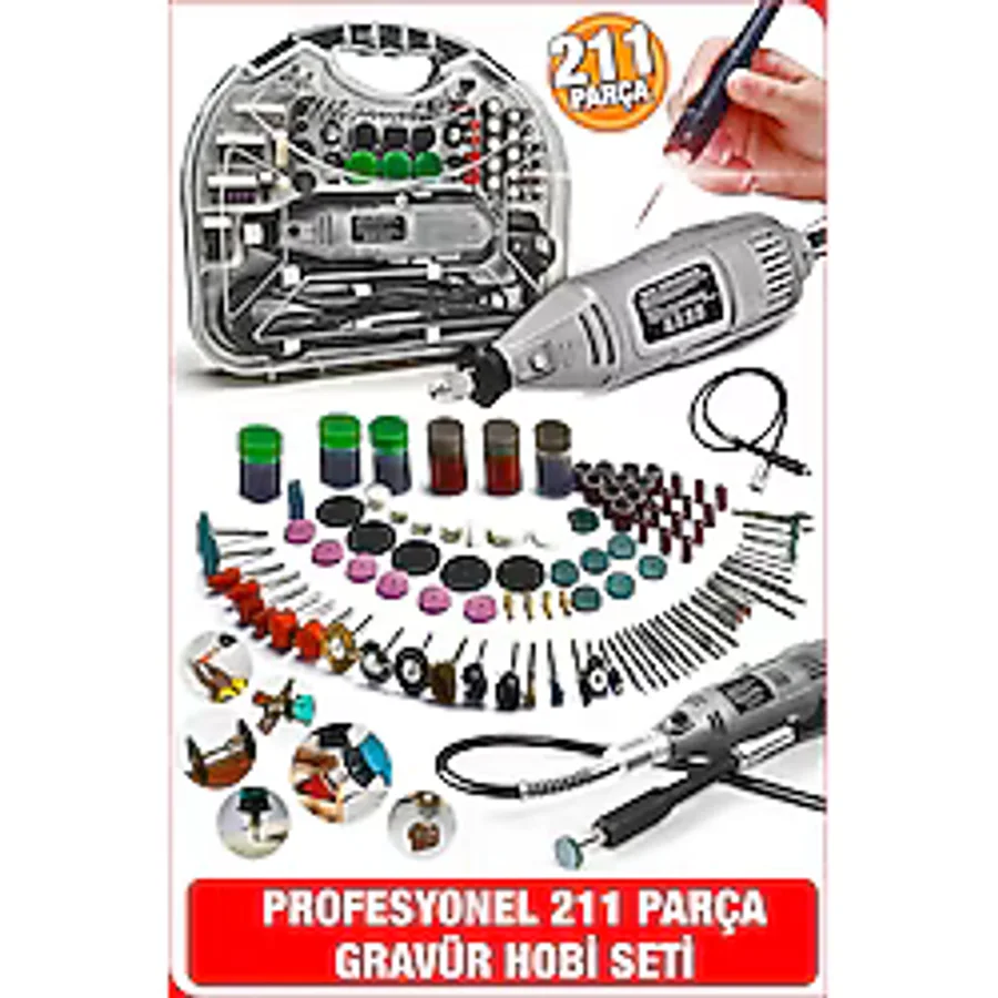 Proxtech Premium Çok Amaçlı Devir Ayarli 211 Parça Hobi Gravür Seti El Motoru Usta Set Esnek Şaft Hediyeli