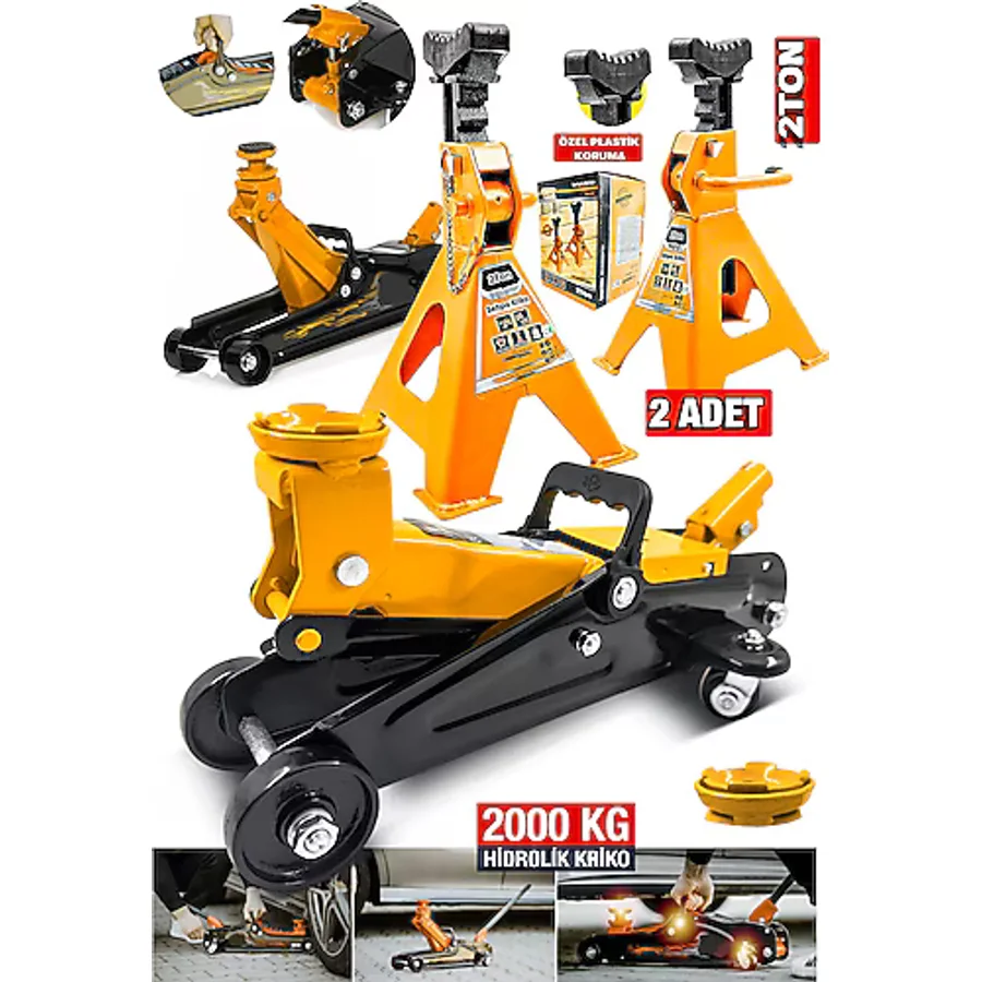 PROXTECH ProSeri Kaymaz 2000KG/2Ton Tekerlekli Arabalı Kriko + 2000KG/2Ton Sehpa Tip Kriko Standı Garaj Kit