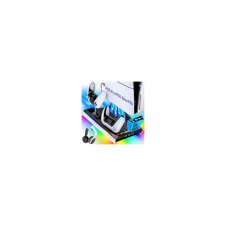 PS5/Slim/Pro Stand, Otomatik Ayarlanabilir 3 Seviyeli Soğutma Fanı, 9 RGB Işıklı PS5 Soğutma İstasyonu ve Çift Şarj Cihazı, Tüm PlayStation Konsolu için, PS5 Aksesuarları