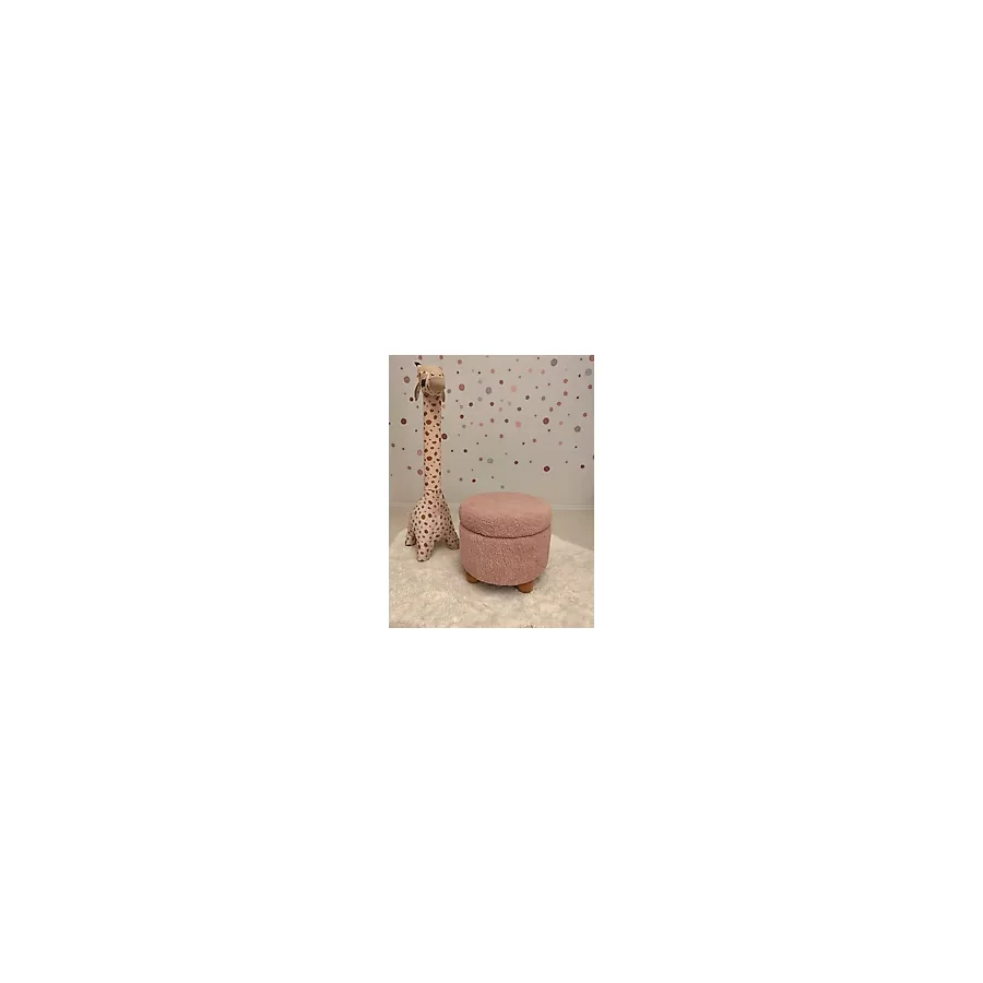 Puff Table Hazine, Ahşap Top Ayaklı Çocuk Pufu, Oyuncak Sepeti, Teddy Kumaş 42 cm Ceviz Ayak - Pembe
