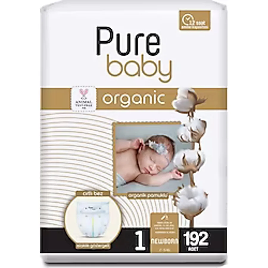 Pure Baby Organik Pamuklu 1 Numara Yenidoğan 64'lü 3 Adet Bebek Bezi