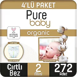 Pure Baby Organik Pamuklu 2 Numara Mini 68'li 4 Adet Bebek Bezi