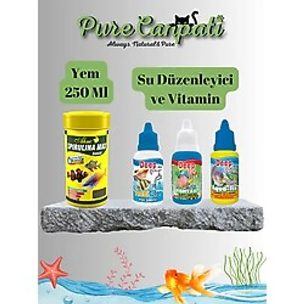 PureCanpati Akvaryum Balık Bakım Seti - Spirulina Max Granulat Yem 250 ml + Su Düzenleyici & Vitamin