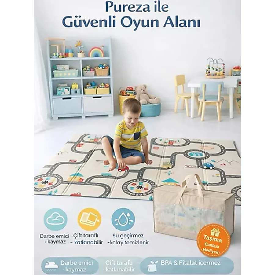 Pureza Çift Taraflı Katlanabilir Oyun Matı 200CMX130CMX1CM Kaymaz, Darbe Emici, Su Geçirmez, Yeşil Parkur/Araba Yarışı Taşıma Çantası Hediyeli (Yerli Üretim)