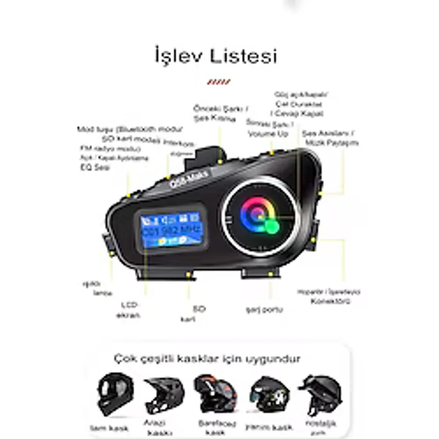 Q58-MAX Radyolu 2 Kişi Bağlantılı Bluetooth Kask Kulaklık Ekranlı Fenerli Müzik ve Telsiz Intercom