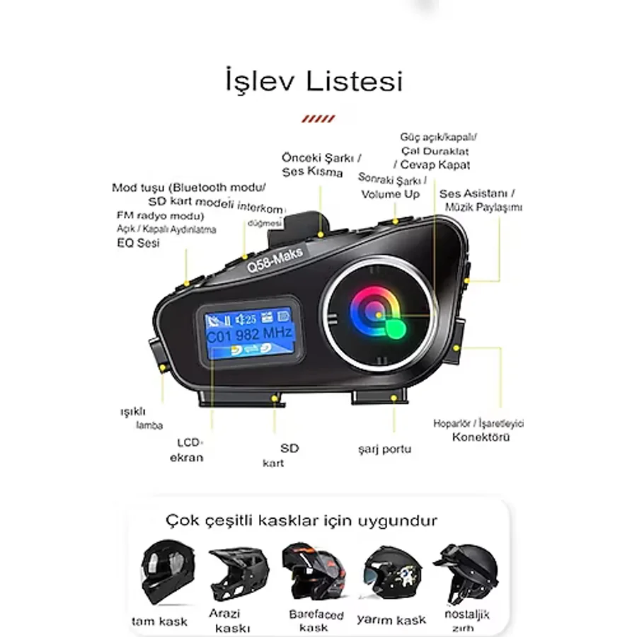Q58-MAX Radyolu 2 Kişi Bağlantılı Bluetooth Kask Kulaklık Ekranlı Fenerli Müzik ve Telsiz Intercom