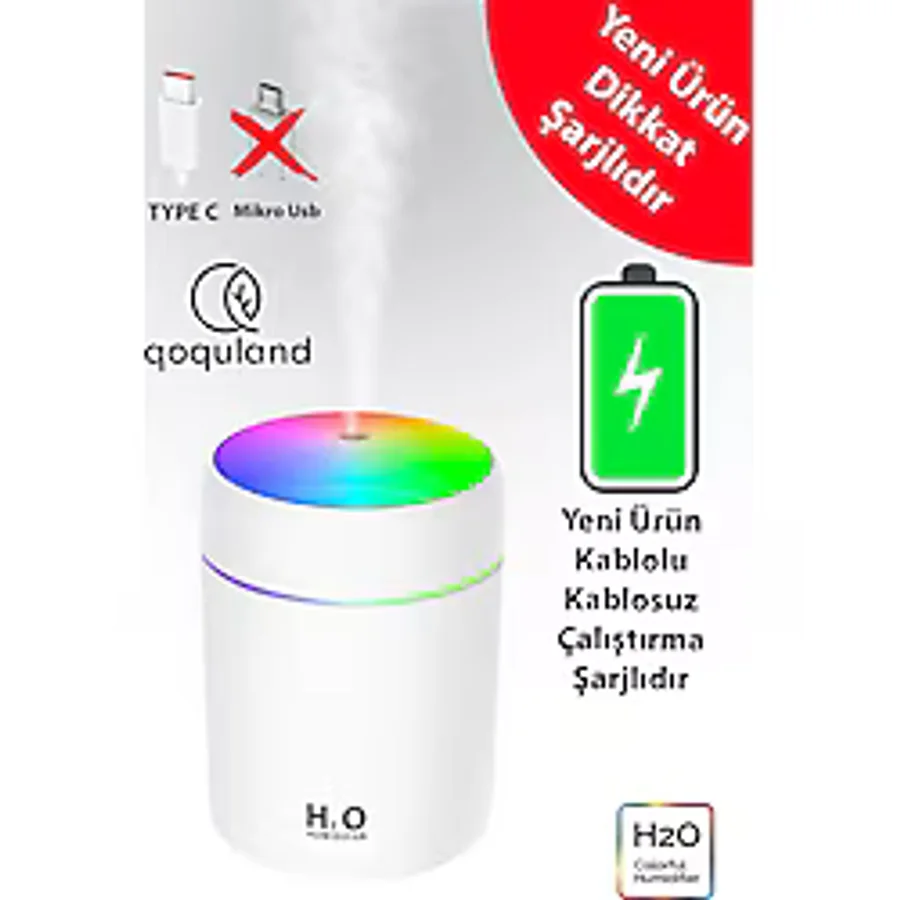 qoquland Şarjlı H2o 300 ml Ultrasonik Hava Nemlendirici Ve Aroma Difüzörü Type C Girişli