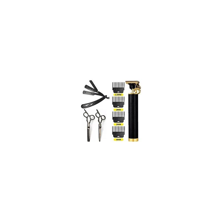 Qualis Shave R4 Elektrikli Tıraş Makinesi + U3 Full Metal Ustura + M8 Kesme + Inceltme Makas Set - 6inç/15 cm - Siyah