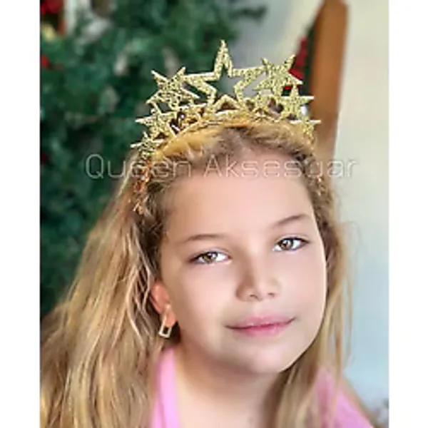 QUEEN AKSESUAR Doğum günü parti tacı parlak yıldızlı yüksek tepeli kraliçe helen model taç kadın çocuk gold altın