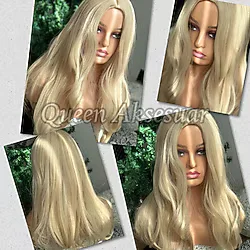 Queen Nelly İthal fiber ısıya dayanıklı düz uzun saç kadın peruğu postiş peruk küllü sarı 8885