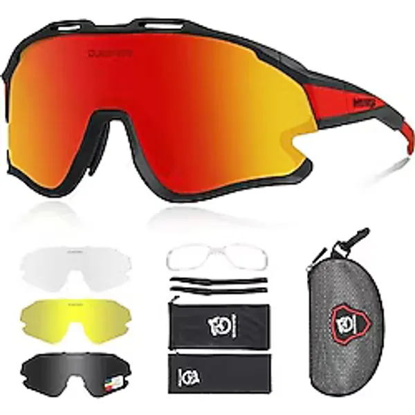 Queshark Polarize Anti-UV Outdoor 4 Lens Ultra Hafif Spor Motorsiklet Bisiklet Güneş Gözlüğü Kırmızı