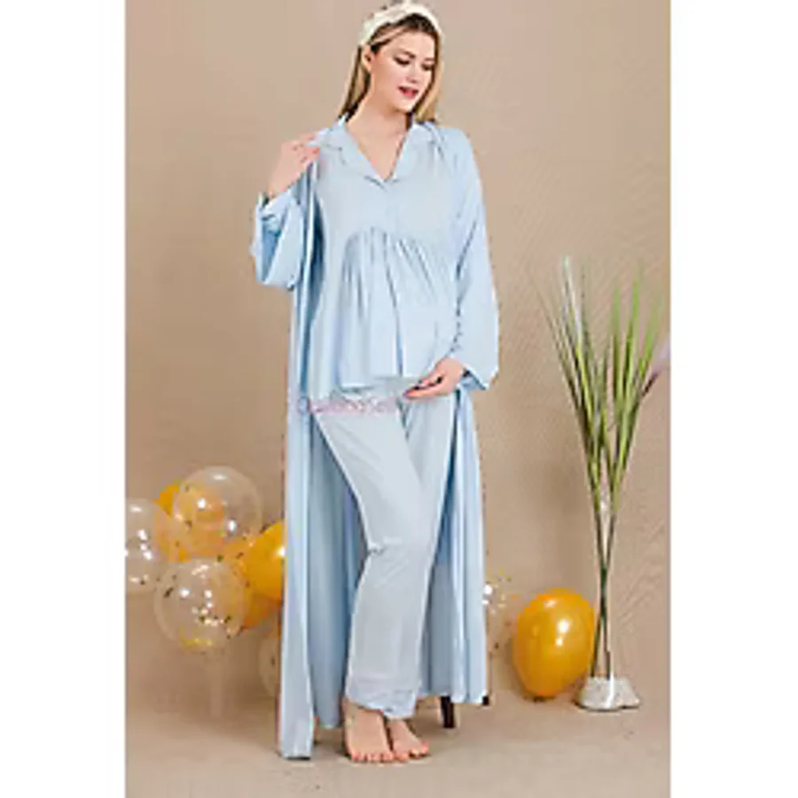 Quilling Mavi Renkli Ve Derin Patlı Lady 3301 Kısa Kol Sabahlıklı Hamile Pijama Takımı